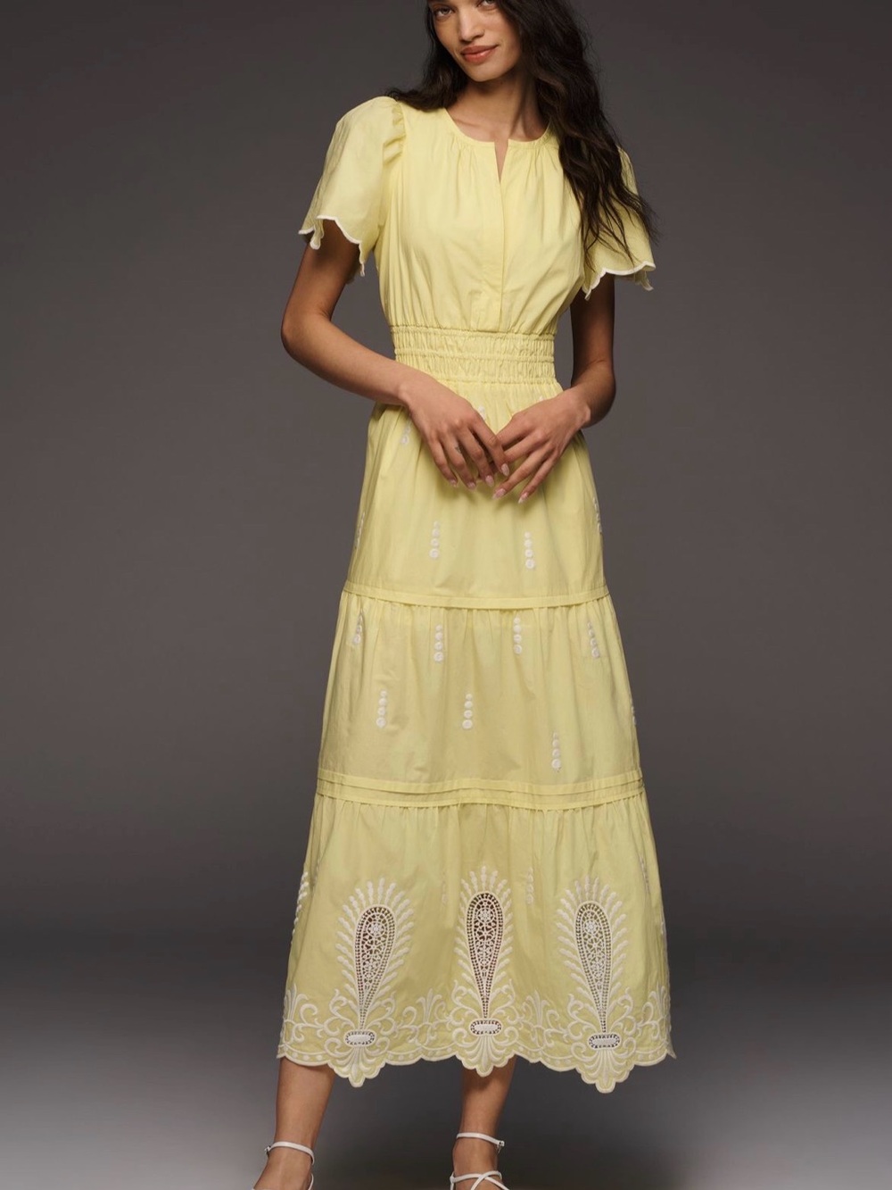 NWT Anthropologie Somerset Yellow Embroidered Tiered Maxi Dress Sz. L